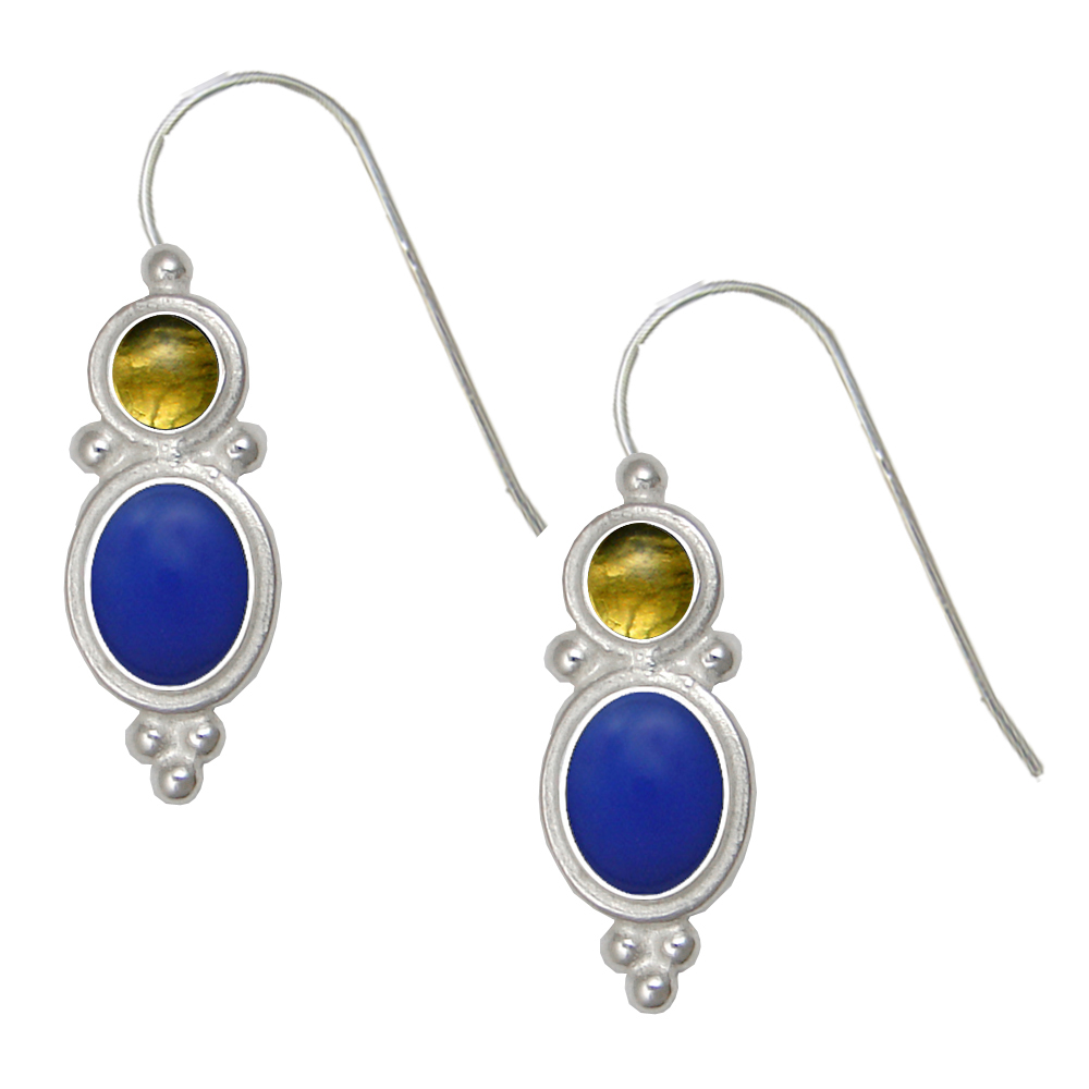 Sterling Silver Drop Dangle Earrings Blue Onyx And Citrine